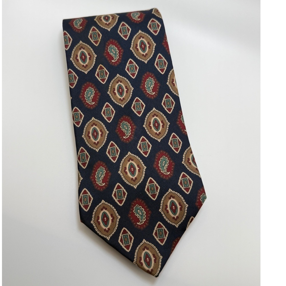 Christian Dior Monsieur Silk Tie Navy Paisley Geometric Vintage Made USA
